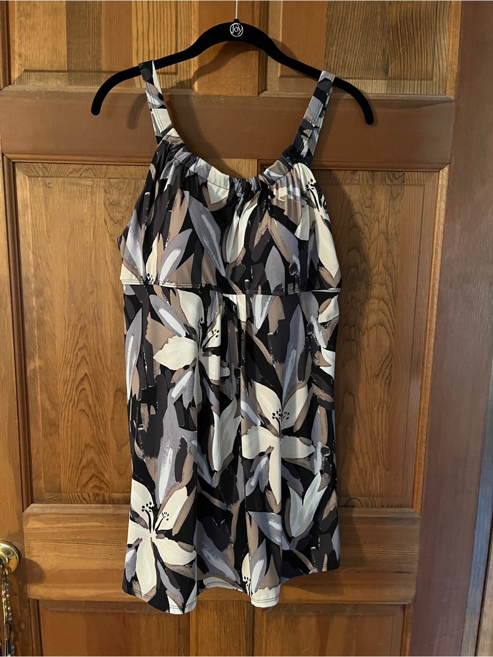 Denim & Co. Floral Print Swim Dress in Black and Cream size 16